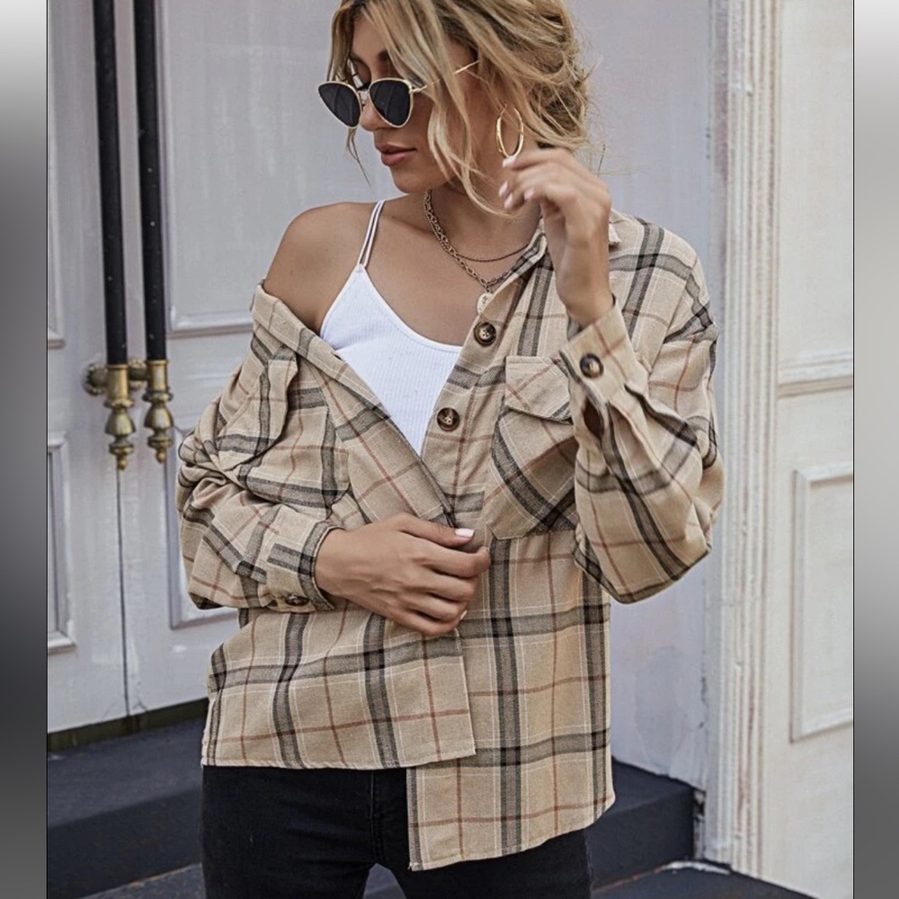 Shein Plaid Button-Front Long Sleeve Shirt